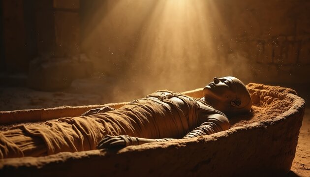 Mummy lies in sandy sarcophagus. Sunbeams illuminate ancient Egyptian tomb interior. Bandaged corpse rests in stone coffin. Archaeology discovery, historical burial site, death ritual.