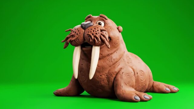 A cute clay walrus toy sitting on a green background, looking curious and playful.
