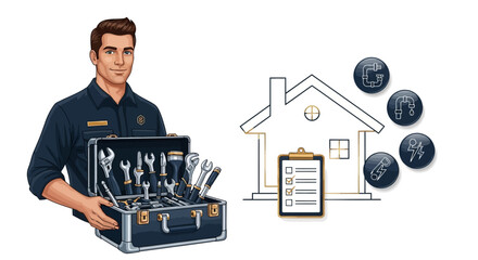 A cheerful cartoon technician stands with an open toolbox full of tools against a white background, next to a house icon with an inspection checklist in a flat vector illustration style © Jangkrik