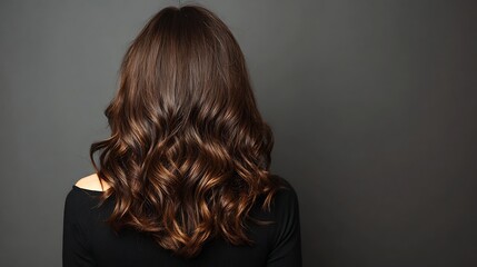 Fototapeta premium Back view of a woman with long wavy brown hair against a dark grey background