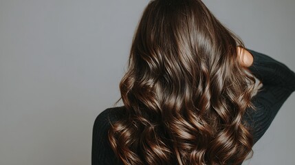 Fototapeta premium Back view of a woman with long wavy brown hair against a light grey background
