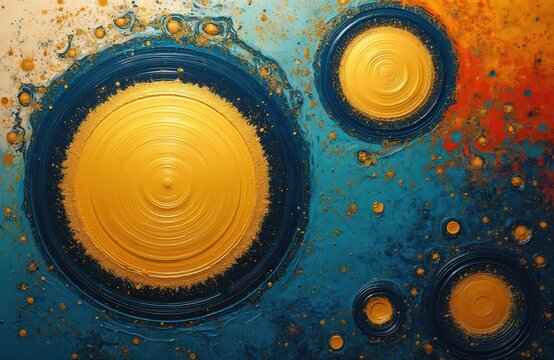 Abstract art features swirling blue and orange colors with gold circular patterns. This vibrant Ebru marbling artwork has a unique texture and rich visual appeal for design.