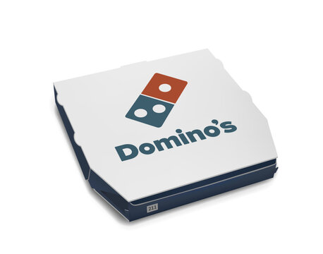 Photorealistic detailed white and blue Domino's Pizza box mockup isolated on transparent background. Vector editorial illustration