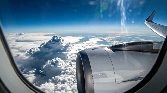 Scenic aerial view through an airplane window showcasing white clouds, blue sky, and engine during flight