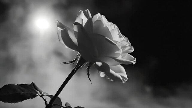 Black and white close up of a beautiful rose in silhouette with a bright light and atmospheric smoke in the background.