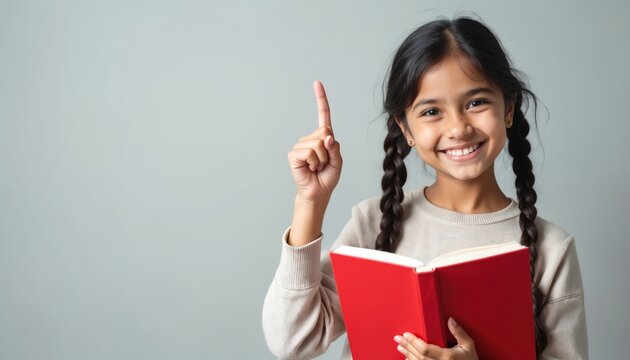 Young Indian girl smiles holding open red book. She points up with finger, indicating idea or lesson learned. Concept of education and childhood.
