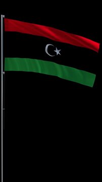Libya flag waving on metal flagpole, vertical video with transparent background and alpha channel, seamless loop 3D rendering 4K