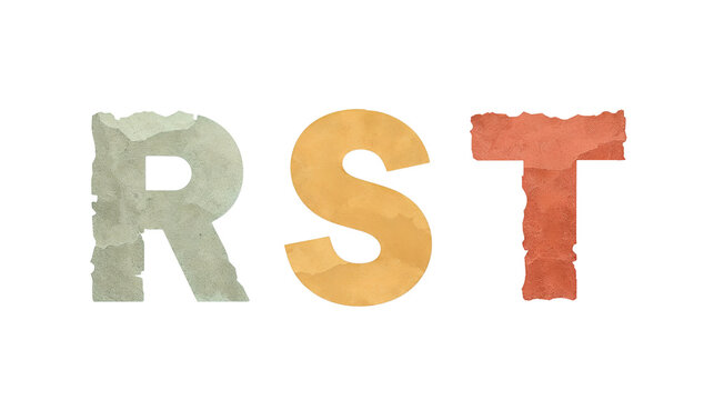 Textual representation of three letters, RST, in diverse colors with textured surfaces.