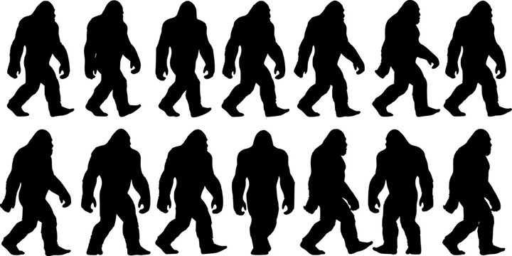 Bigfoot silhouette, mythical creature silhouette sequence. Ideal bigfoot for cryptozoology, folklore enthusiasts. Mysterious walking beast, legend, Sasquatch, Yeti, enigma, shadowy figure