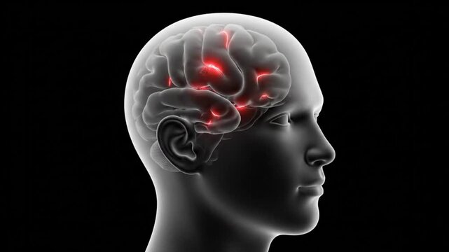 Brain activity scan highlighting key regions during thought process inside a human head on a black background