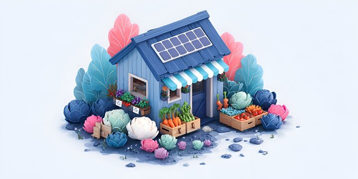 A charming blue farm stand with solar panels showcases fresh vegetables and fruits amidst stylized foliage on a clean white background.