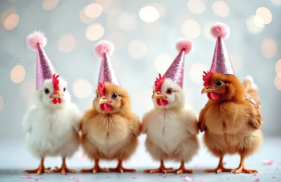 Four fluffy chicks wear sparkly pink party hats in a fun festive gathering. Adorable baby birds celebrate together, looking cute and cheerful. Cute poultry friends enjoy a happy occasion.