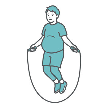 笑顔で縄跳びをして有酸素運動をしているスポーツウェア姿のぽっちゃり男性のイラスト