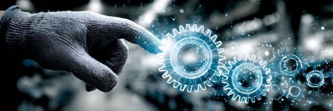 A gloved hand interacts with illuminated gears symbolizing enginee, technology, and innovative mechanical solutions within an industrial setting.