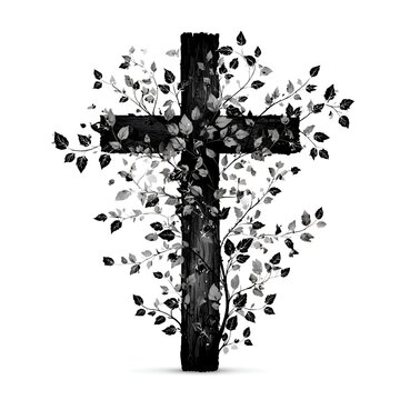 A rustic wooden cross adorned with delicate leaves symbolizes faith, spirituality, and the endu power of nature's beauty and grace.