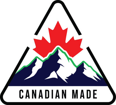 Canadian Made Badge Logo with Red Maple Leaf and Mountain Illustration for Local Brand Identity