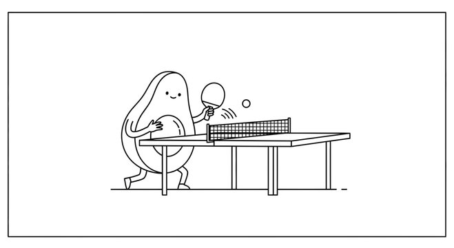 Cute Avocado Character Playing Table Tennis, Funny Food Illustration, Healthy Lifestyle