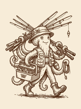 Smiling Cartoon Character with Fishing Gear.