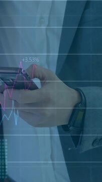 Biz pro tapping smartphone, thumb updating animated market charts dipping while monitoring stocks
