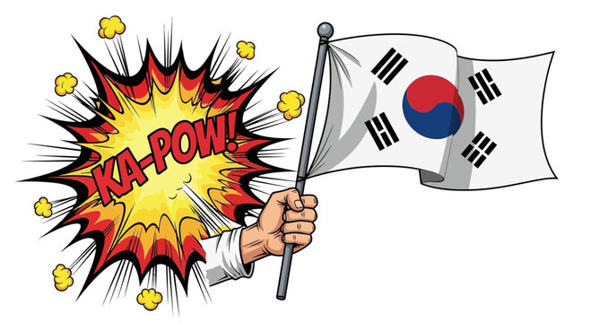 South Korea Flag Waving with Comic Book "KA-POW!" Sound Effect