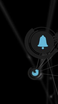 Vertical video: Cam pan starting tech net, user glyph emerging, bell pulsing and pin showing links