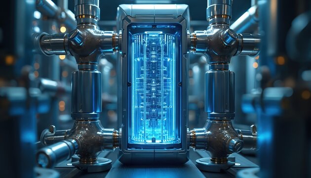 Shiny cryogenic dilution refrigerator system. Quantum computer research equipment glows with blue light. Advanced scientific lab setup for high-tech study.