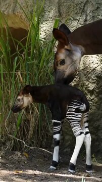 Rare okapi standing in the green forest tall grass