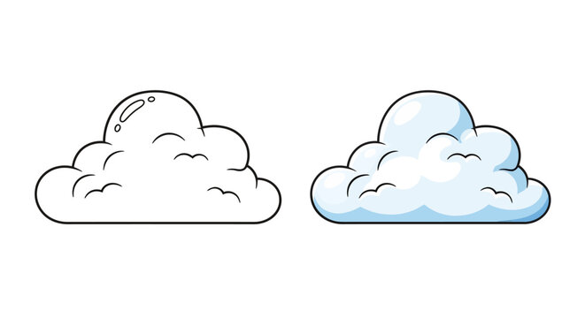 Cartoon Cloud Outline and Colored Version Comparison