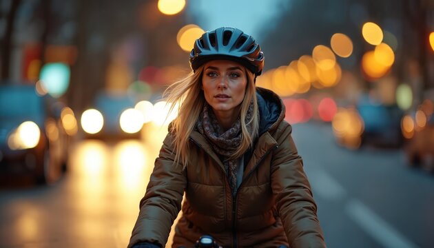 Woman in helmet rides bicycle on city street at night. Blurred car lights and bokeh create urban atmosphere. Active commute or leisure ride.