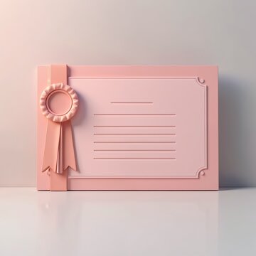 Pink certificate with ribbon and rosette. Award document with blank lines for text. Graduate or winner recognition, academic achievement or business success symbol.