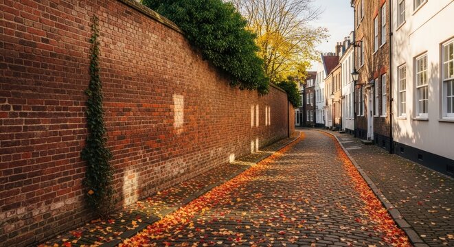 autumn leaves on cobblestone street with brick wall
