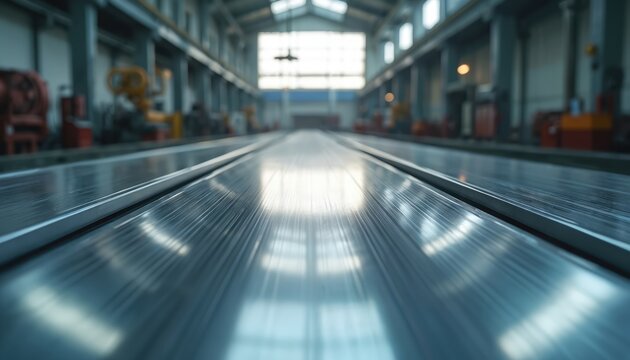 Polished metal sheets stretch into industrial building distance. Shiny surfaces reflect light and lines. Smooth steel material forms parallel stacks inside factory.