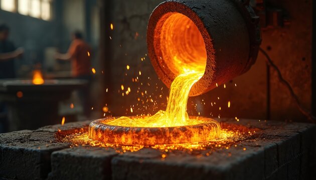 Molten gold pours from crucible into mold. Glowing liquid metal sparks fly in dark foundry. Workers busy in background, hot industrial process.