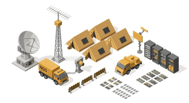 Isometric vector illustration showcases a mobile communications hub with a satellite dish, antenna tower, and service vehicles arranged against a plain white background, rendered