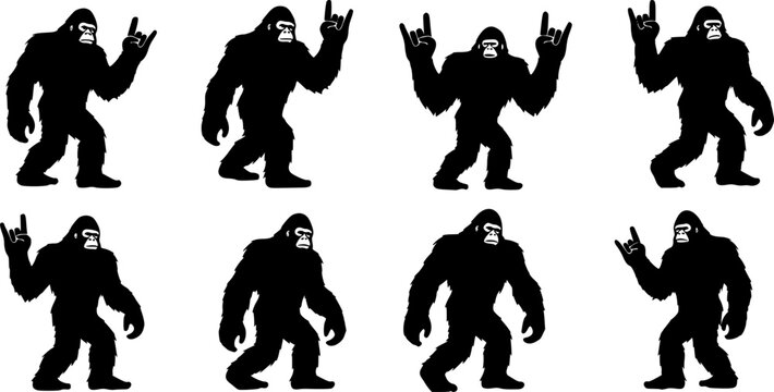 black bigfoot sasquatch doing rock on hand gesture icon silhouette isolated