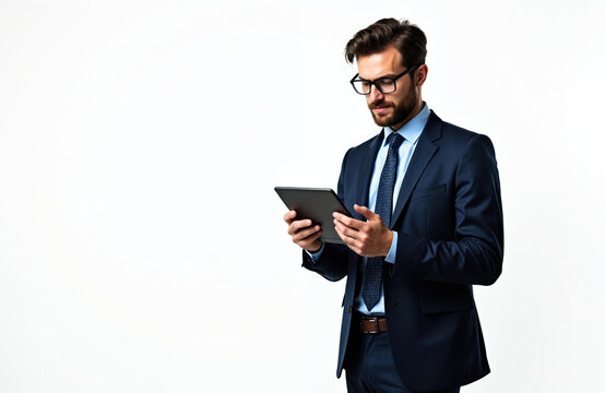 Man in dark blue suit and tie uses digital tablet. He wears glasses and looks down at device. Person stands against a plain white background, focused on work. Professional holding tech.