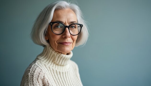 Elderly woman with silver bob haircut wears large glasses and cozy knit sweater. She poses with a gentle smile against a plain blue backdrop, exuding mature elegance and modern style.