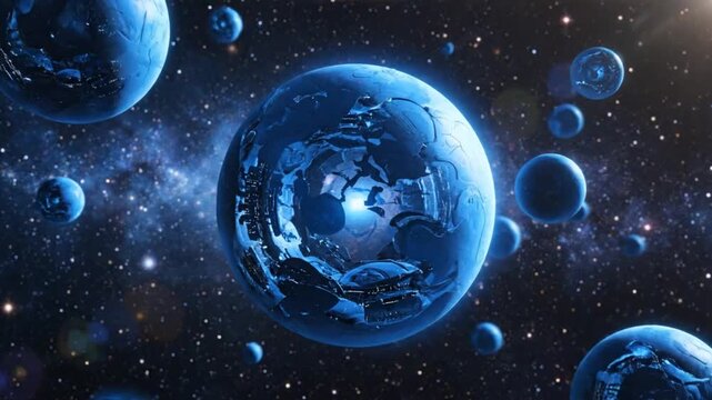 Futuristic Blue Spheres Floating in Deep Space Representing a Multiverse Concept with Galaxies and Stars