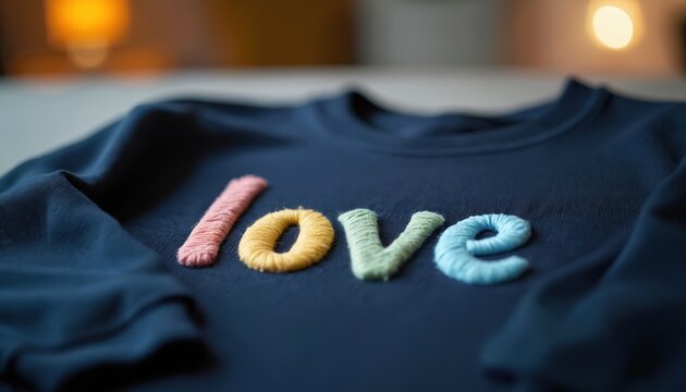 Dark blue sweatshirt with embroidered colorful word love in pastel shades. Soft fabric texture shows cozy casual wear. This apparel piece represents affection and warmth in fashion.