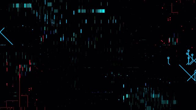 Futuristic cyber glitch interface with digital noise, colorful data distortion and HUD elements, sci fi technology background, abstract signal error screen design