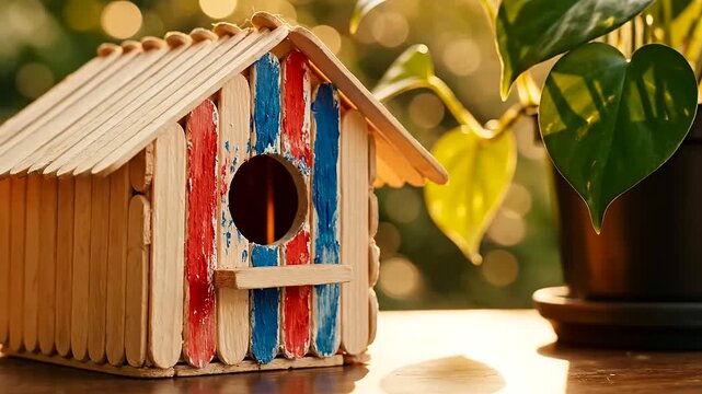 Handcrafted wooden birdhouse with red and blue paint, glowing in warm golden light, an ideal Mother's Day gift or engaging kids crafting gift, with a green houseplant backdrop.