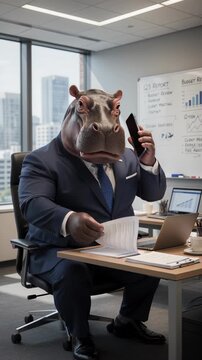 Animals work in the office. A hippopotamus in a business suit is tackling work tasks in the office