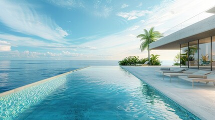 Fototapeta premium Luxurious Infinity Pool Overlooking the Ocean at a Modern Tropical Villa.