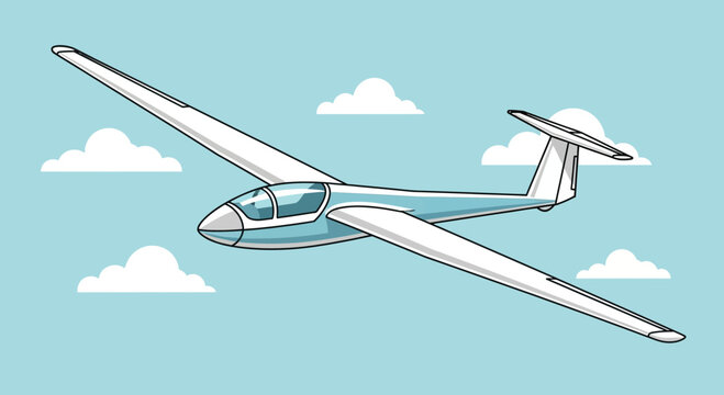 Illustration of a glider airplane flying in a clear blue sky with white clouds