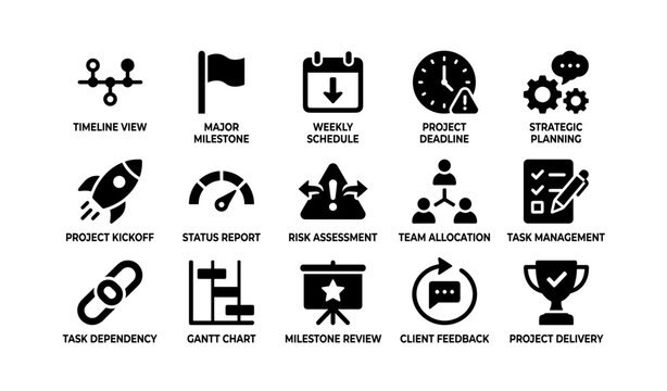 Project management icons set: milestone, schedule, deadline, planning, review
