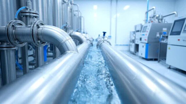 Industrial stainless steel pipes with flowing water showcasing production and manufacturing processes in a clean environment