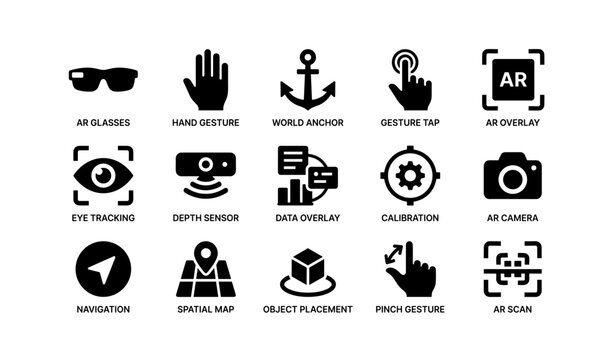 Augmented reality icons: glasses, gestures, sensors, map, camera, anchor, navigation