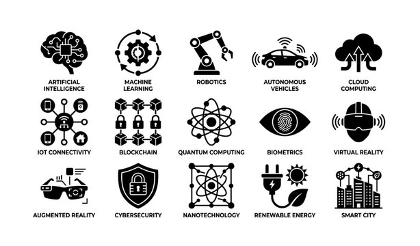 Icons representing emerging technologies in computing and energy