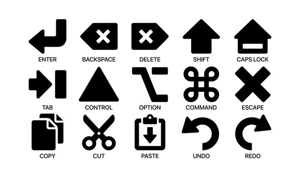 Keyboard symbols: enter, backspace, delete, shift, caps lock, and more
