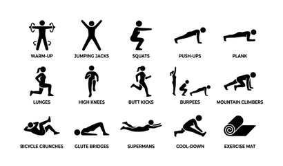 Obraz premium Silhouette icons of various fitness exercises with descriptive labels
